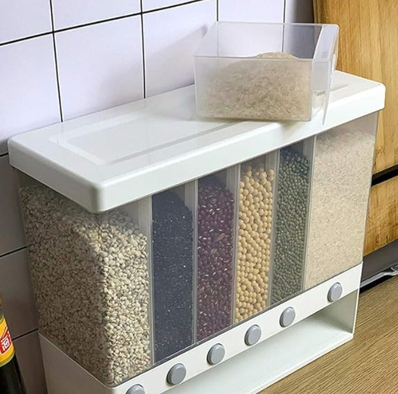Cubo Dispensador de Alimentos Secos 6 en 1 – Montaje en Pared, Ideal para Arroz, Granos y Frutas Secas