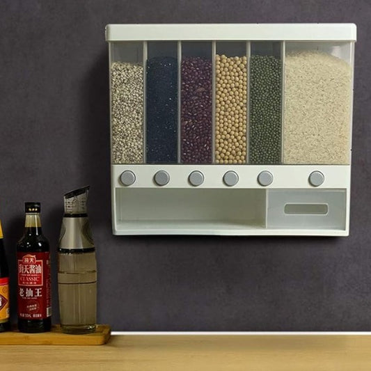 Cubo Dispensador de Alimentos Secos 6 en 1 – Montaje en Pared, Ideal para Arroz, Granos y Frutas Secas
