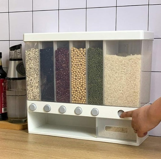 Cubo Dispensador de Alimentos Secos 6 en 1 – Montaje en Pared, Ideal para Arroz, Granos y Frutas Secas