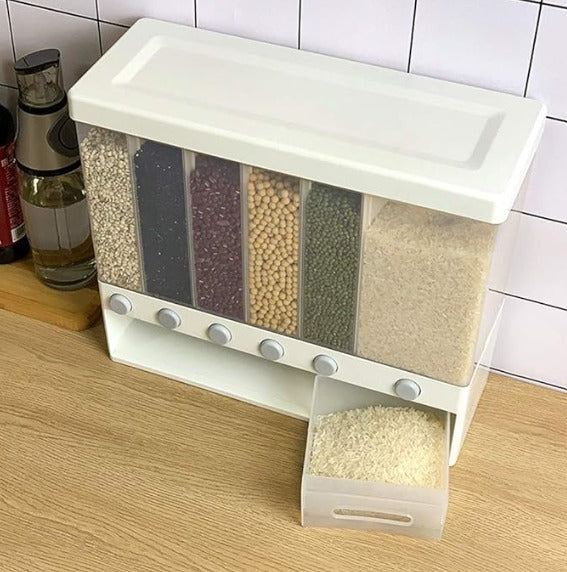 Cubo Dispensador de Alimentos Secos 6 en 1 – Montaje en Pared, Ideal para Arroz, Granos y Frutas Secas