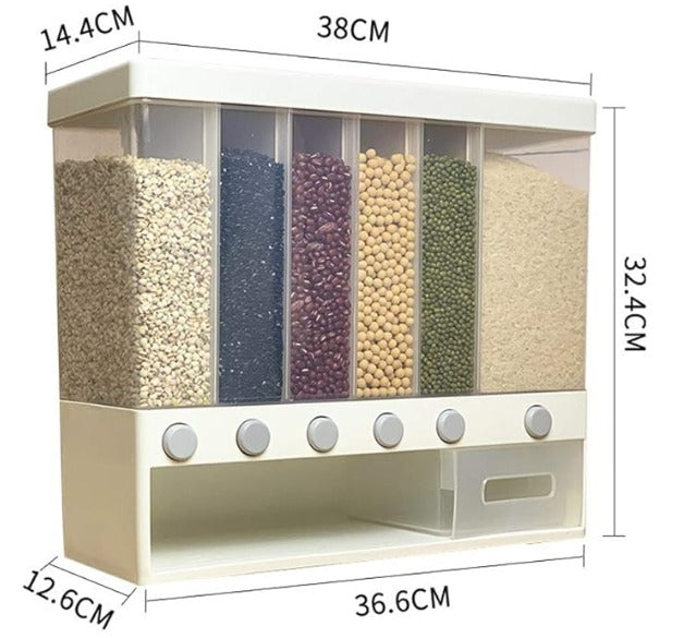 Cubo Dispensador de Alimentos Secos 6 en 1 – Montaje en Pared, Ideal para Arroz, Granos y Frutas Secas